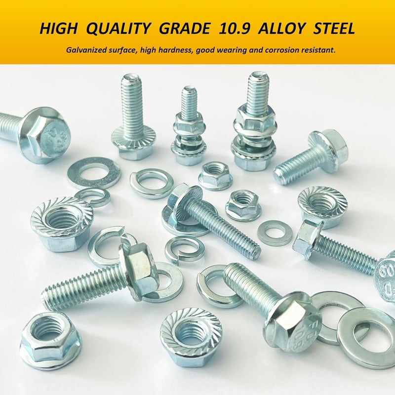 ZTF 300pcs Metric Flange Bolts and Nuts Assortment Kit, Heavy Duty Metric Machine Screws Nuts Washers, 10 Most Common Sizes Zinc Alloy Steel Grade 10.9 (Flange M6 M8 M10 Kit) - Image 2